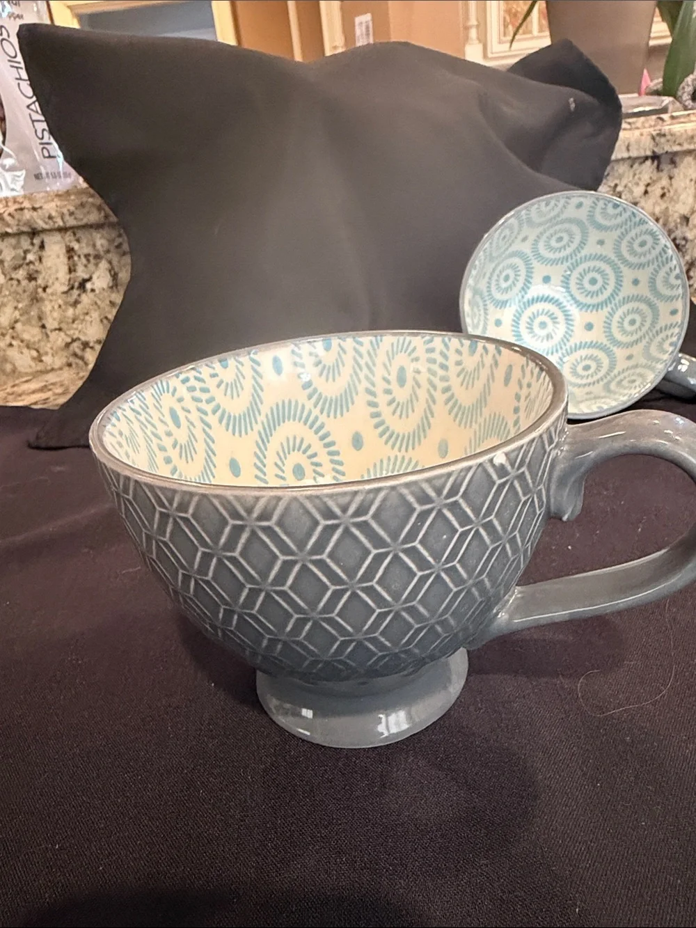 Ceramic Footed Tea Cups - Blue Patterned Set (2)
